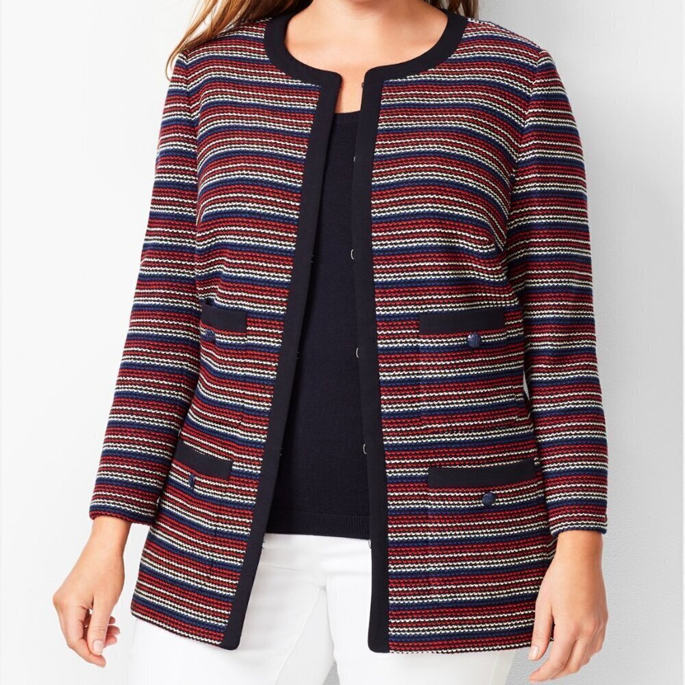 Talbots Plus X Petite Boucle Stripe Jacket Blazer Red Navy White‎